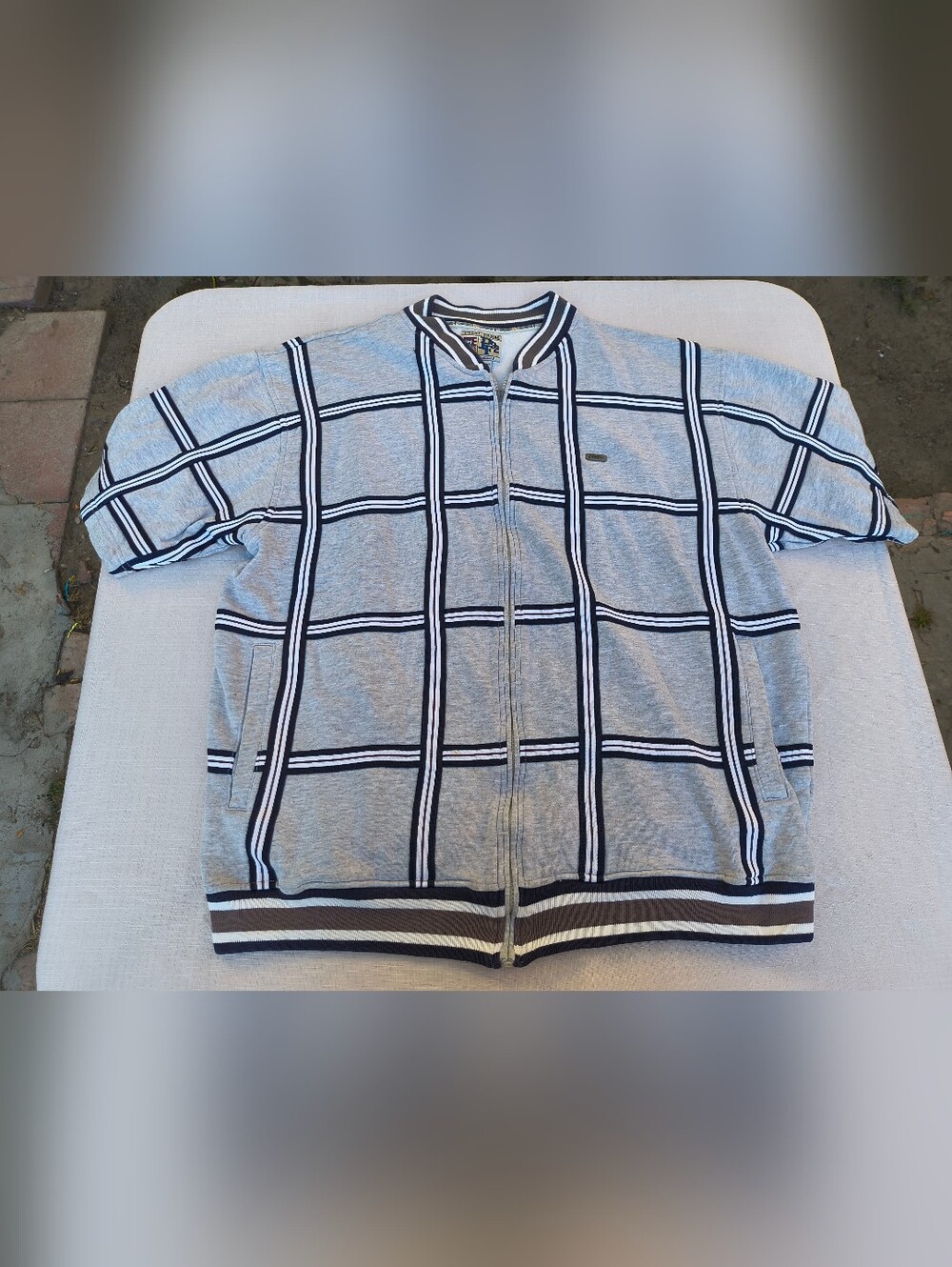 Y2K Mens Phat Farm Polo Gray Checkered Zip Up Velour Jacket Shirt L